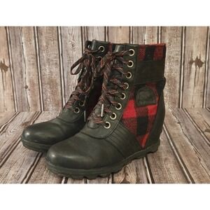 Sz 9 Womens Sorel Lexie Black Leather/ Red Buffalo Plaid Lace Up Boots VGUC!